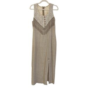 Vintage Western Carmin Lace Fringe Tassel Midi Dress Tan Beige Cowgirl Rodeo